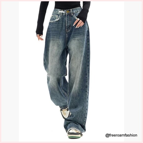 Wide Leg Boyfriend Jeans High Rise Distressed Vintage Denim Pants - Picture 2 of 7